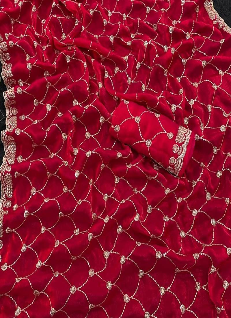 Rani pink color Sequence embroidery work with Cut  work border Chiffon Silk Saree