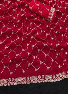Rani pink color Sequence embroidery work with Cut  work border Chiffon art silk saree 3