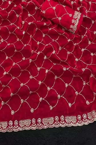 Rani pink color Sequence embroidery work with Cut  work border Chiffon art silk saree