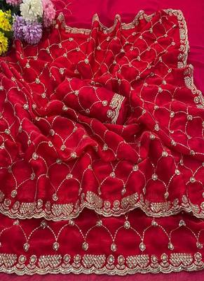 Rani pink color Sequence embroidery work with Cut  work border Chiffon art silk saree 4