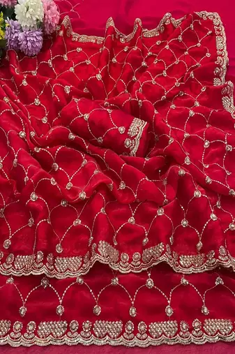 Rani pink color Sequence embroidery work with Cut  work border Chiffon art silk saree