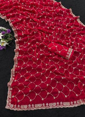 Rani pink color Sequence embroidery work with Cut  work border Chiffon art silk saree 5