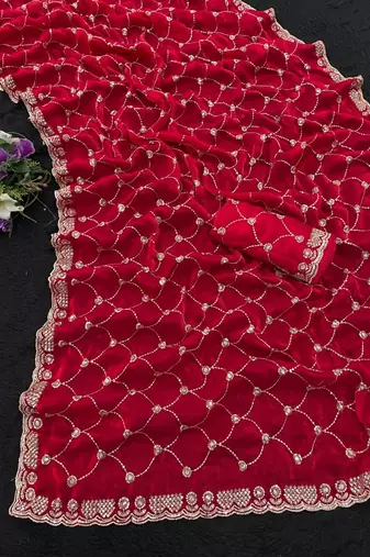 Rani pink color Sequence embroidery work with Cut  work border Chiffon art silk saree