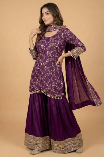 Purple designer faux silk readymade designer suit