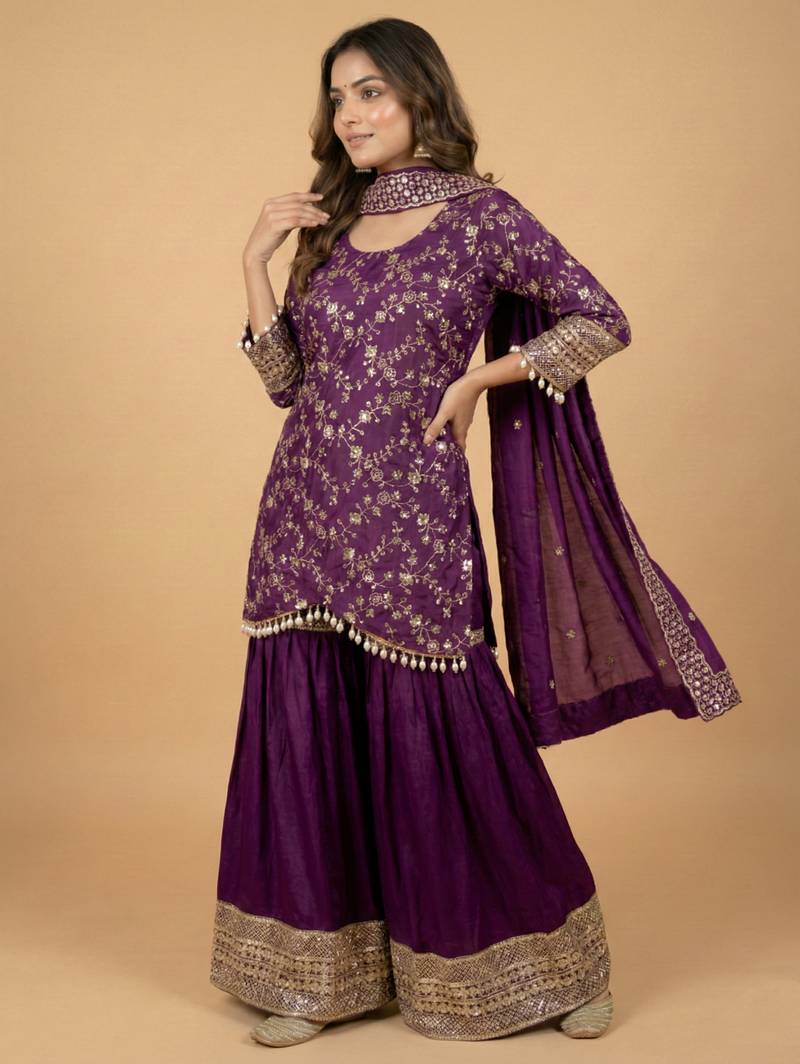 Purple designer faux silk readymade designer suit