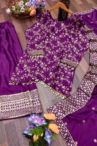 Purple designer faux silk readymade designer suit