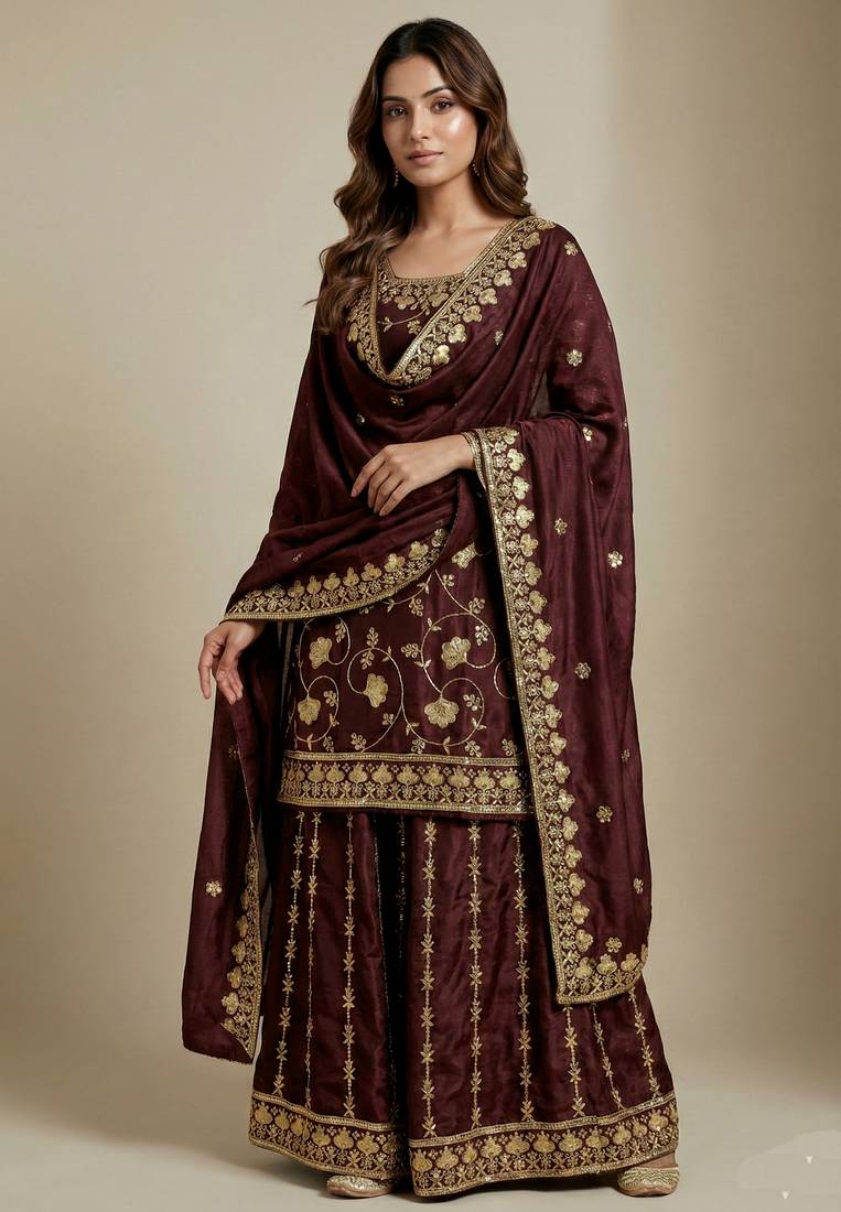 Brown designer faux silk readymade designer suit