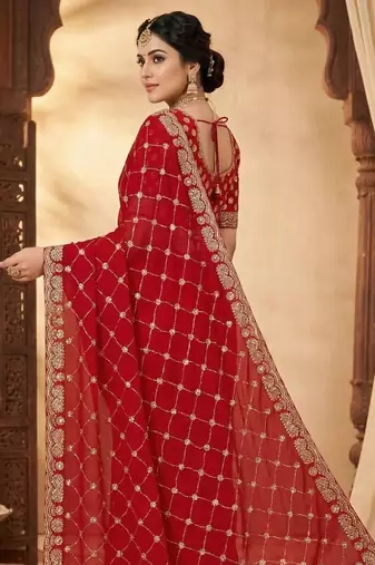 Red color Sequence embroidery work with Cut  work border Chiffon art silk saree