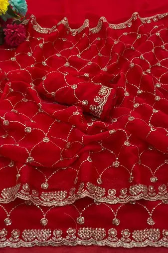 Red color Sequence embroidery work with Cut  work border Chiffon art silk saree