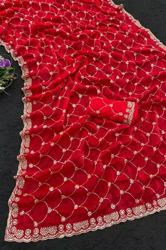 Red color Sequence embroidery work with Cut  work border Chiffon art silk saree