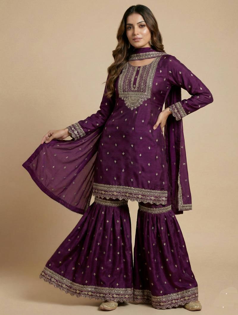 Purple designer faux silk readymade designer suit