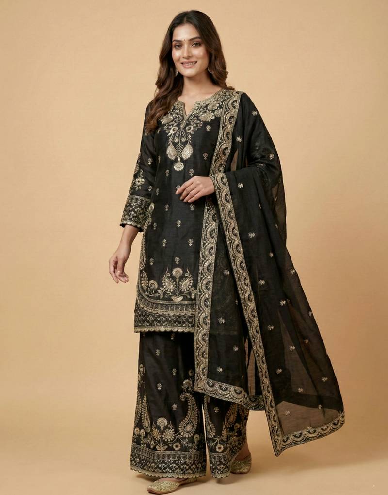 Black designer faux silk readymade designer suit