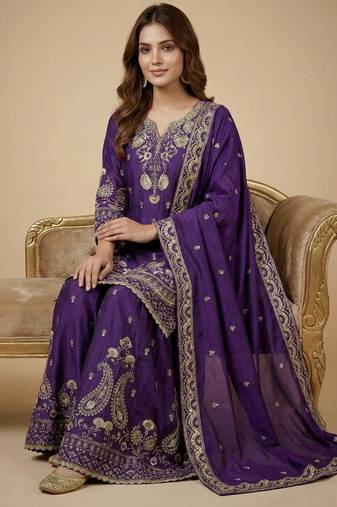 Purple designer faux silk readymade designer suit