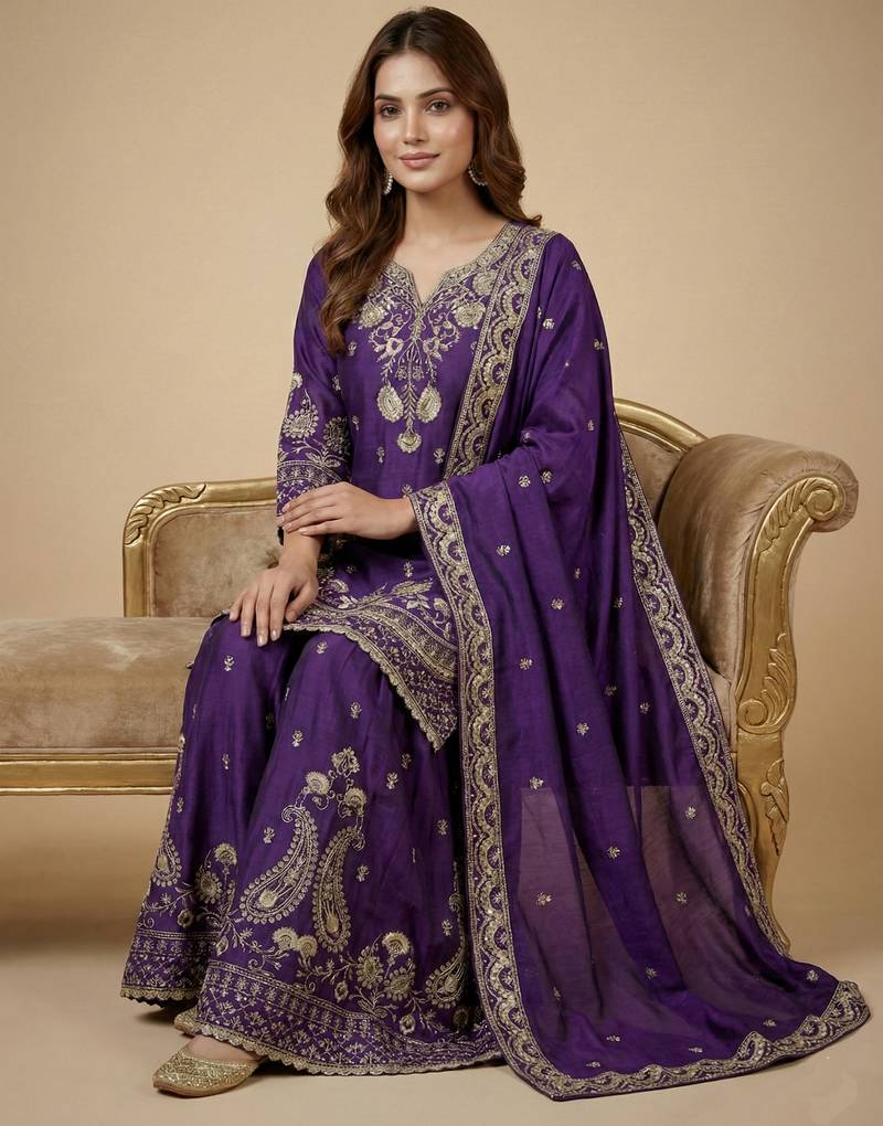 Purple designer faux silk readymade designer suit