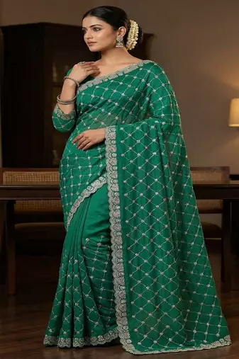 Turquoise color Sequence embroidery work with Cut  work border Chiffon Silk Saree