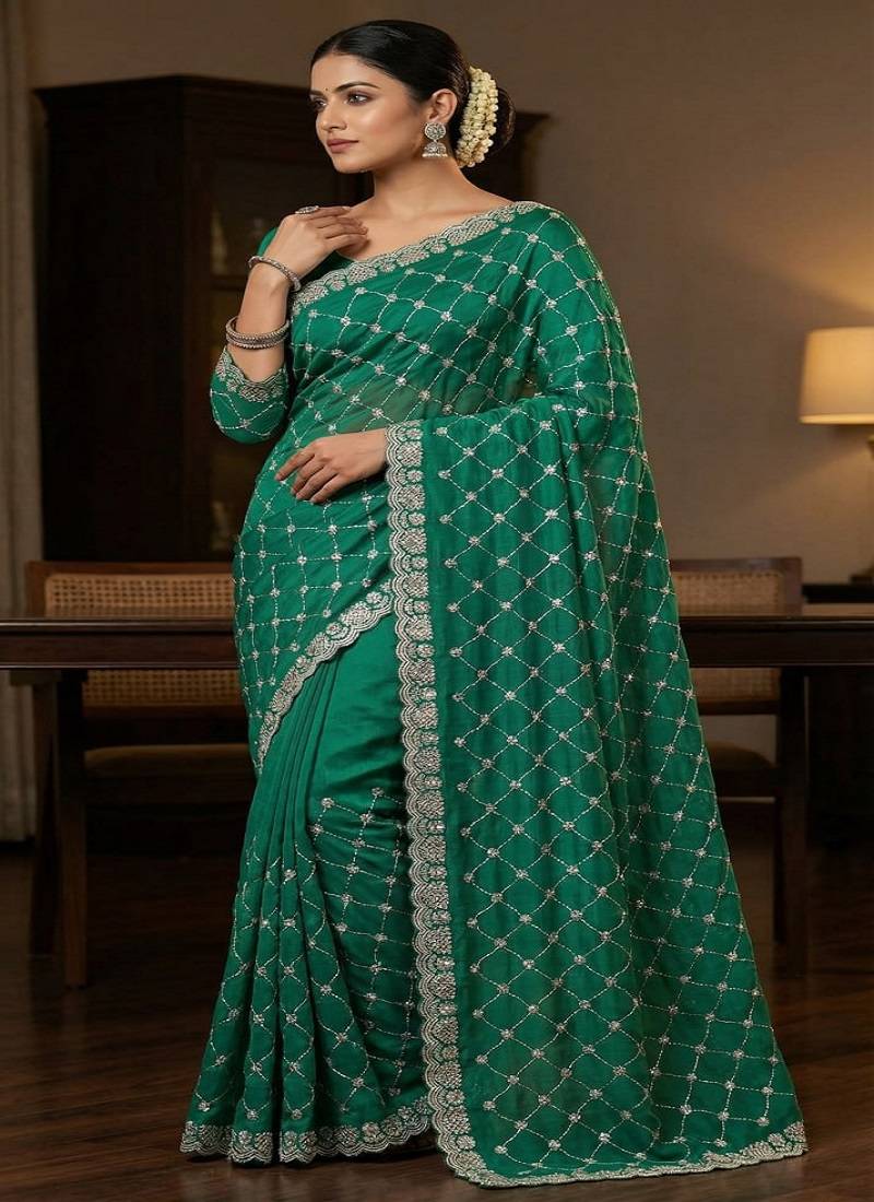 Turquoise color Sequence embroidery work with Cut  work border Chiffon Silk Saree
