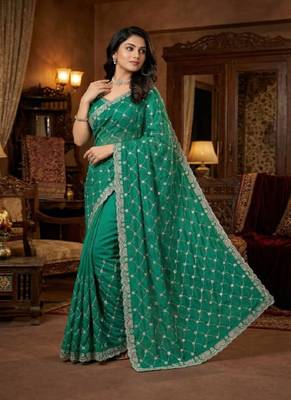Turquoise color Sequence embroidery work with Cut  work border Chiffon art silk saree 2