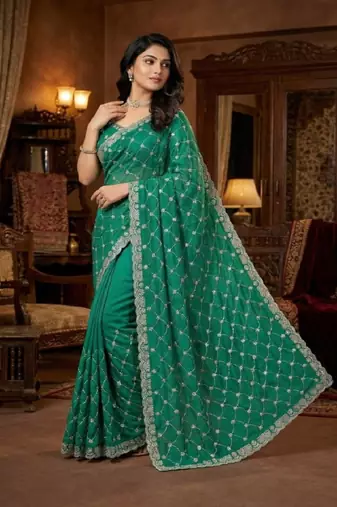Turquoise color Sequence embroidery work with Cut  work border Chiffon art silk saree