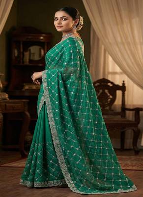 Turquoise color Sequence embroidery work with Cut  work border Chiffon art silk saree 3