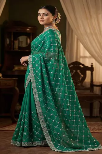 Turquoise color Sequence embroidery work with Cut  work border Chiffon art silk saree
