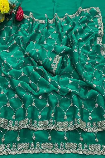 Turquoise color Sequence embroidery work with Cut  work border Chiffon art silk saree