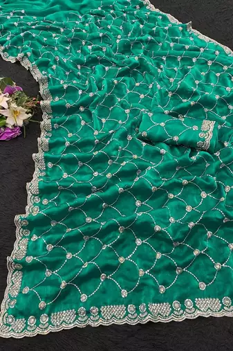 Turquoise color Sequence embroidery work with Cut  work border Chiffon art silk saree