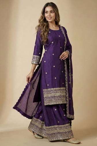 Purple designer faux silk readymade designer suit