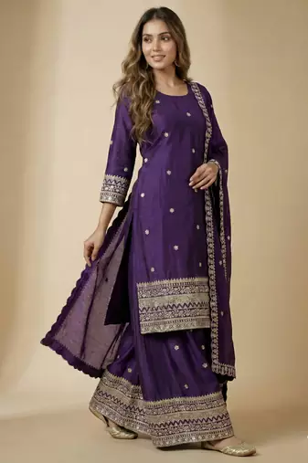 Purple designer faux silk readymade designer suit