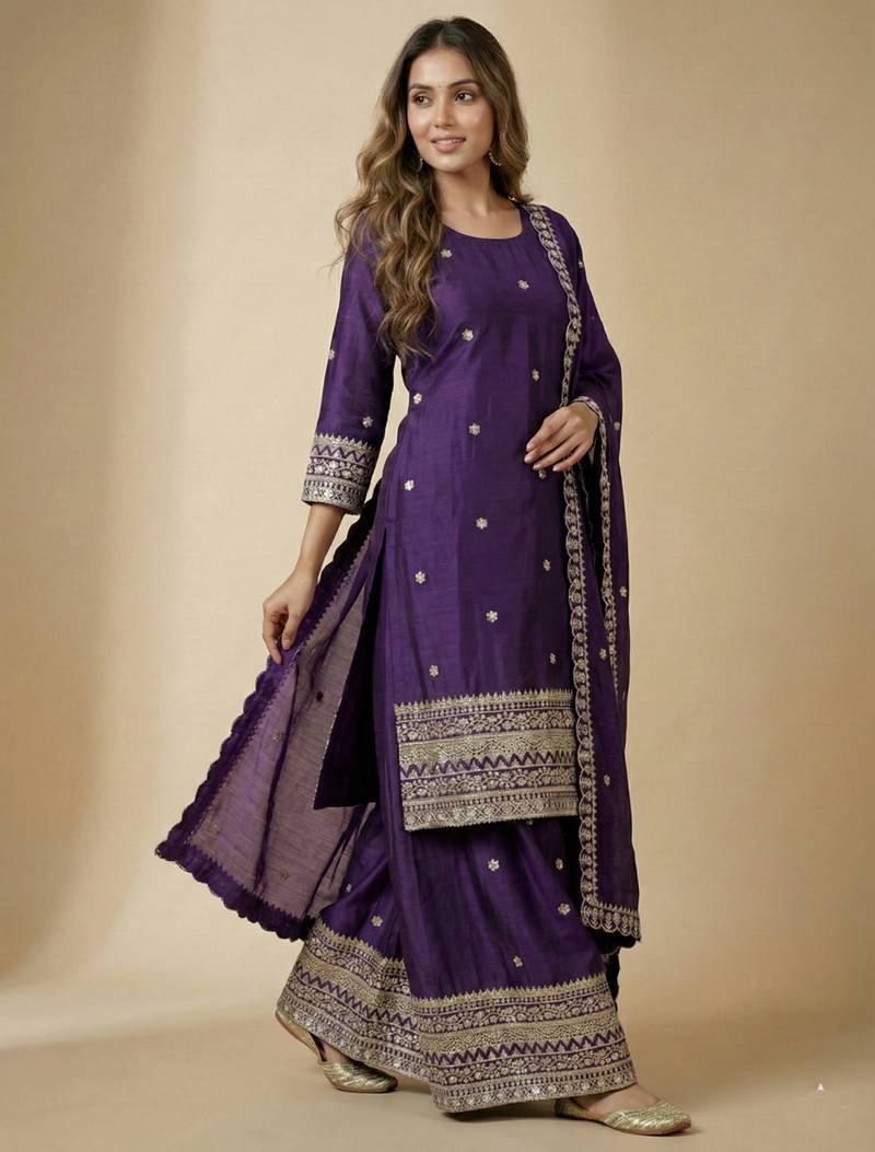 Purple designer faux silk readymade designer suit