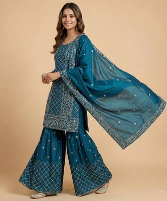 Teal-blue designer faux silk readymade designer suit 1
