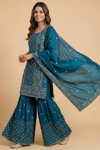 Teal-blue designer faux silk readymade designer suit