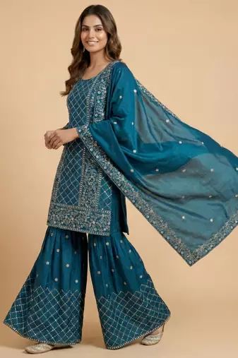 Teal-blue designer faux silk readymade designer suit