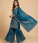 Teal-blue designer faux silk readymade designer suit