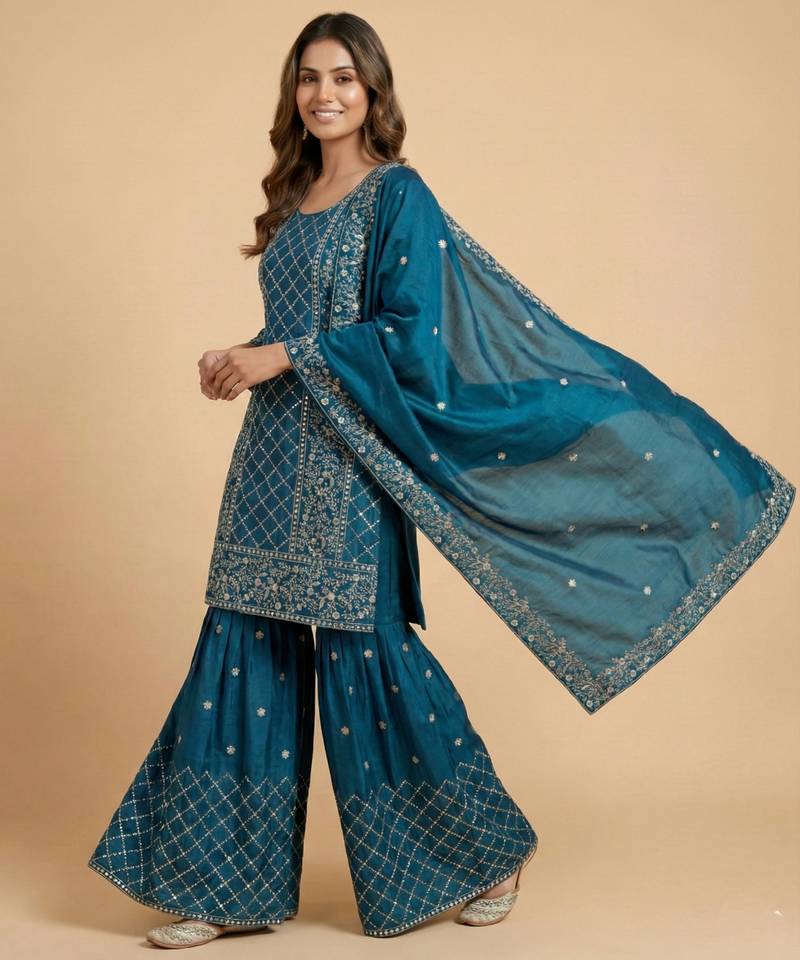 Teal-blue designer faux silk readymade designer suit