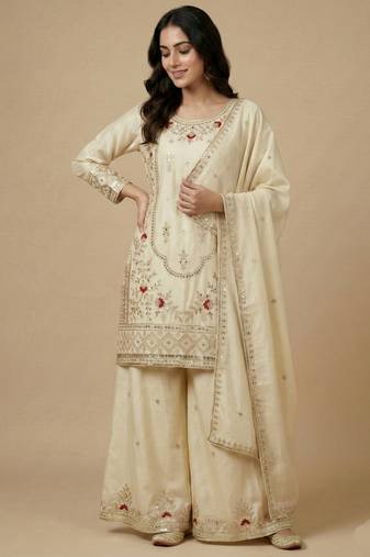 Cream designer crepe readymade designer suit