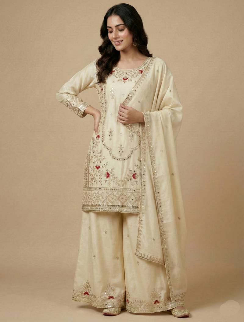 Cream designer crepe readymade designer suit