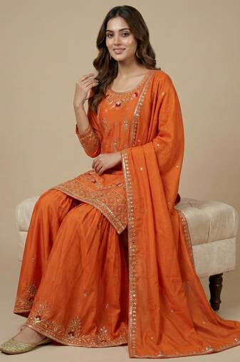 Orange designer crepe readymade designer suit