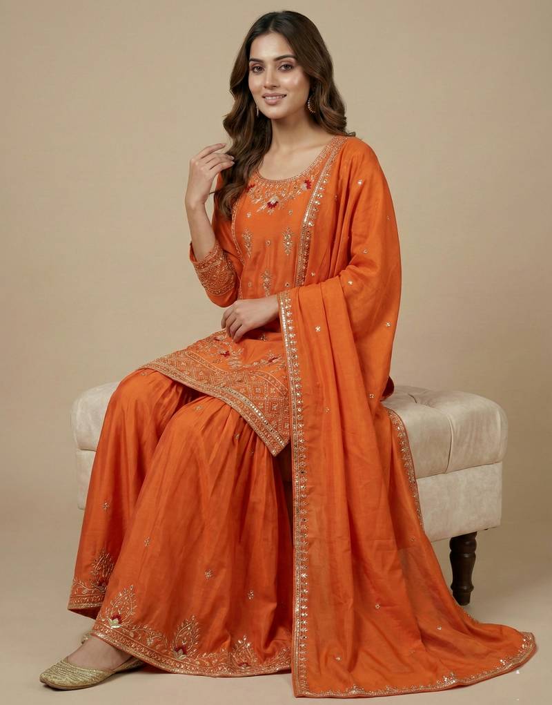 Orange designer crepe readymade designer suit