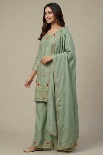 Sea-green designer crepe readymade designer suit