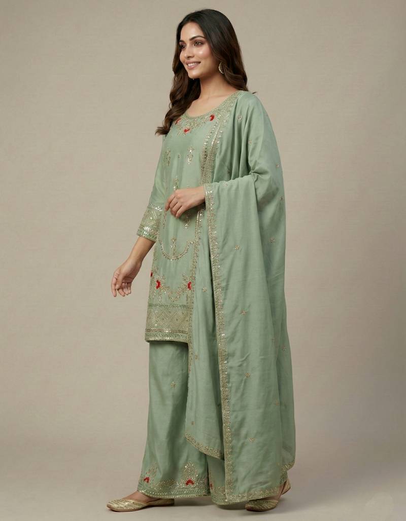 Sea-green designer crepe readymade designer suit