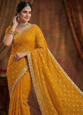 Yellow color Sequence embroidery work with Cut  work border Chiffon art silk saree 1