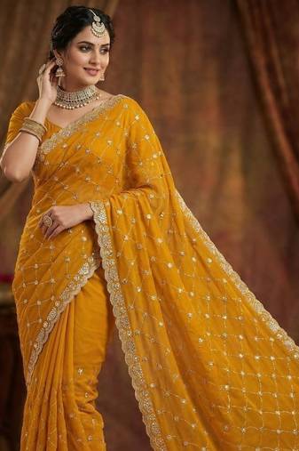 Yellow color Sequence embroidery work with Cut  work border Chiffon Silk Saree