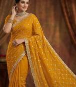 Yellow color Sequence embroidery work with Cut  work border Chiffon Silk Saree