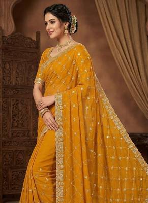 Yellow color Sequence embroidery work with Cut  work border Chiffon art silk saree 2