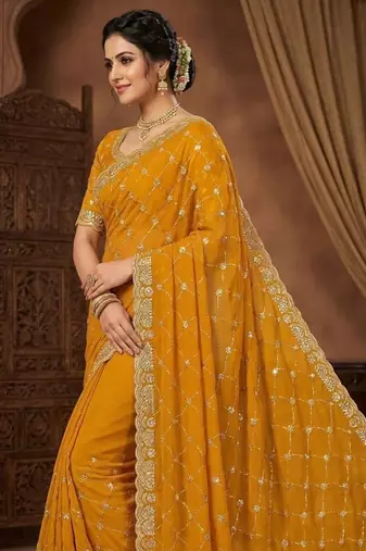 Yellow color Sequence embroidery work with Cut  work border Chiffon art silk saree