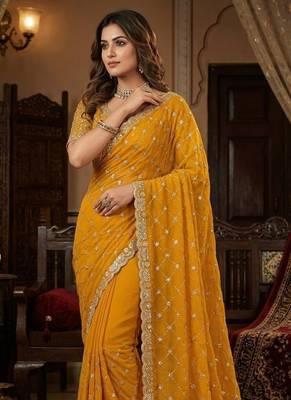 Yellow color Sequence embroidery work with Cut  work border Chiffon art silk saree 3
