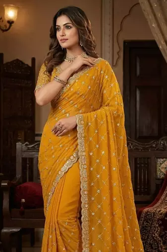 Yellow color Sequence embroidery work with Cut  work border Chiffon art silk saree