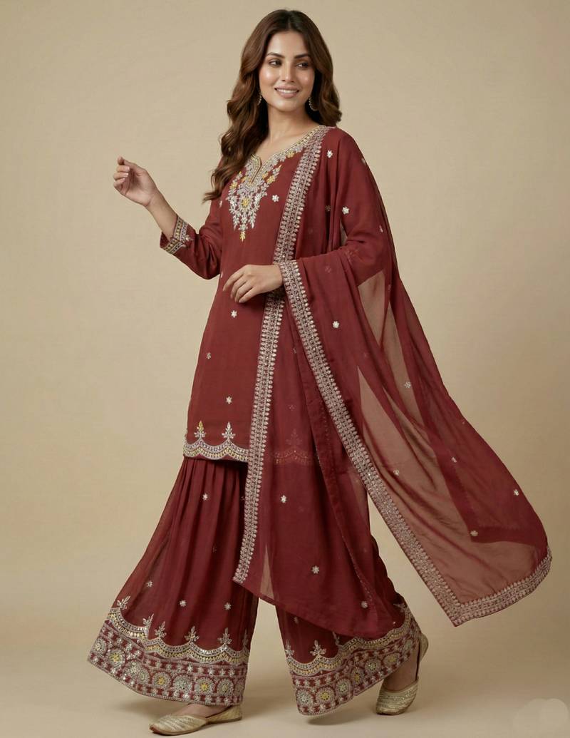 Maroon designer faux georgette readymade designer suit