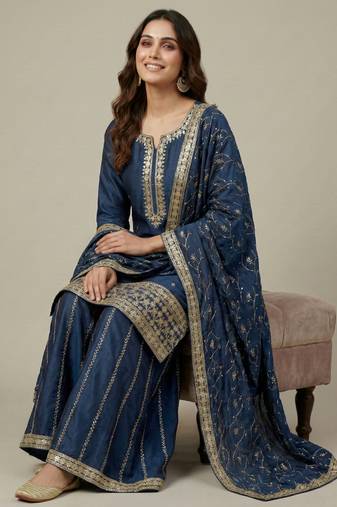 Blue designer faux silk readymade designer suit
