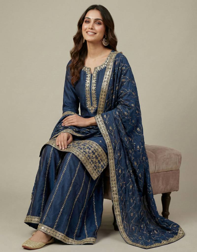 Blue designer faux silk readymade designer suit